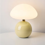 Dolce mushroom lamp with a cream glossy sphere base and white opal glass dome