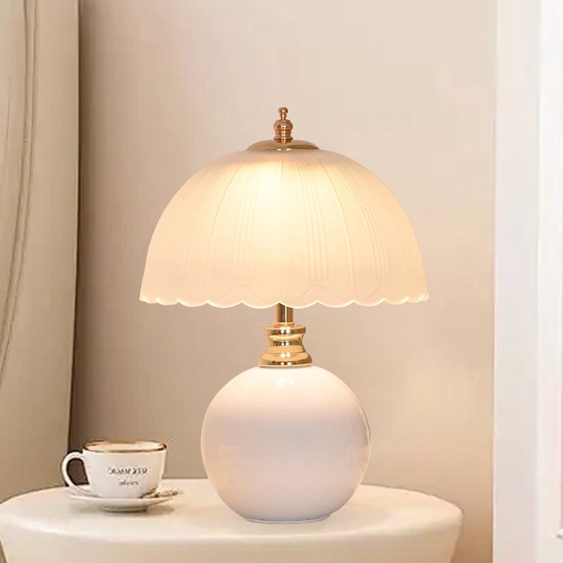 White Petal Dome ceramic lamp with a scalloped frosted glass shade