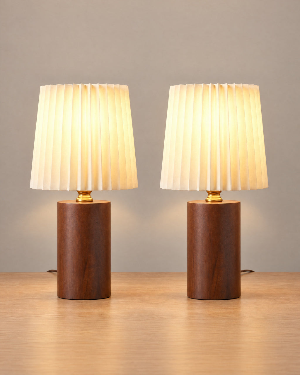 Linnea Pleated Wood Nightstand Lamp, Set of 2, both lamps switched on