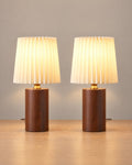 Linnea Pleated Wood Nightstand Lamp, Set of 2, both lamps switched on