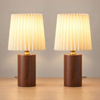 Linnea Pleated Wood Nightstand Lamp, Set of 2, both lamps switched on