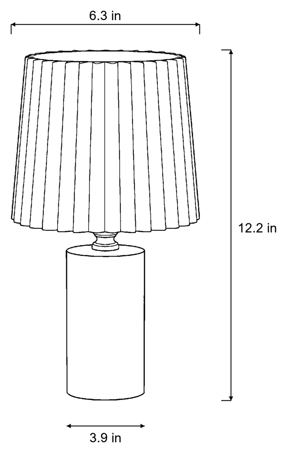 Dimensions sketch of the Linnea Pleated Wood Nightstand Lamp with measurements