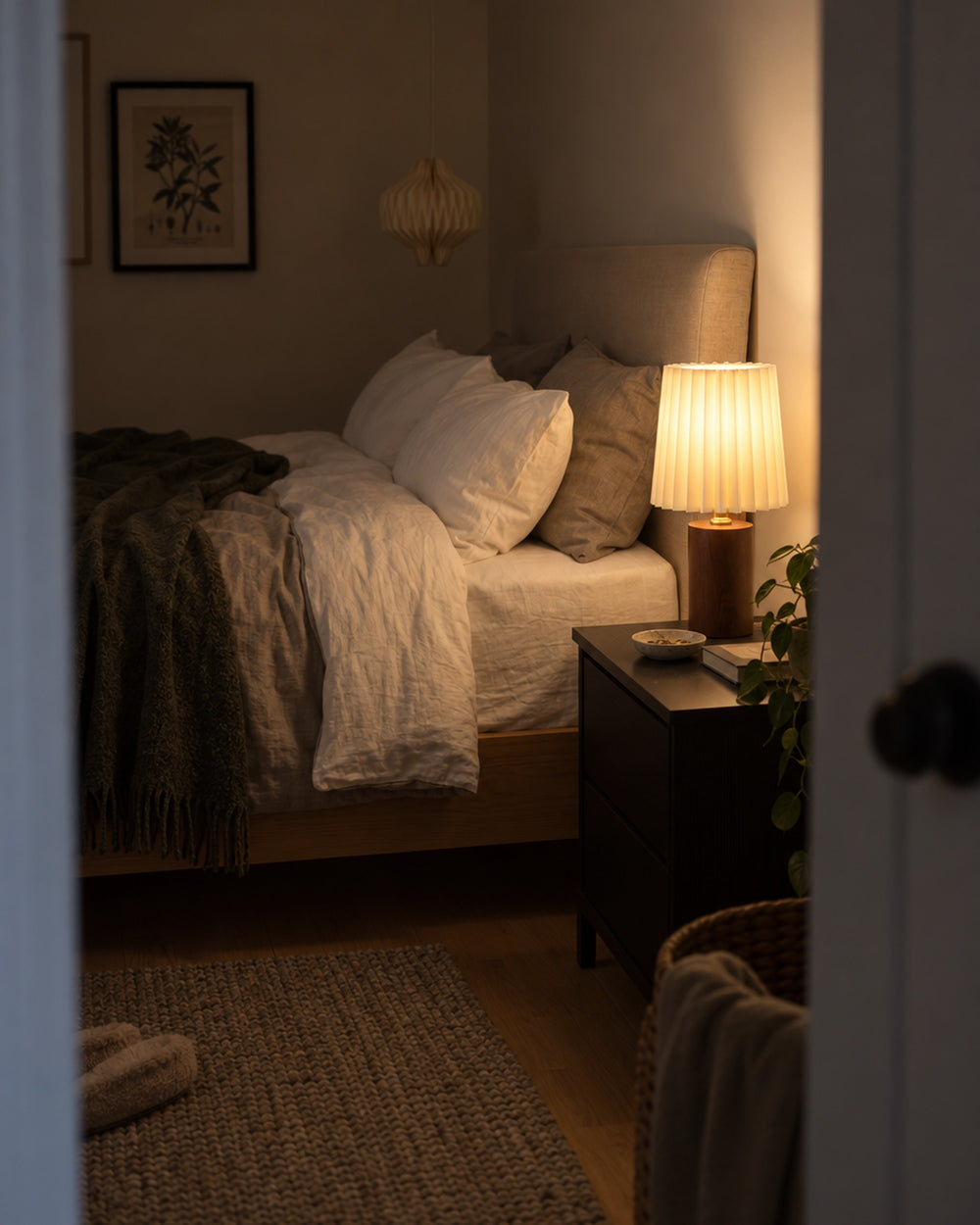Linnea Pleated Wood Nightstand Lamp in a real home