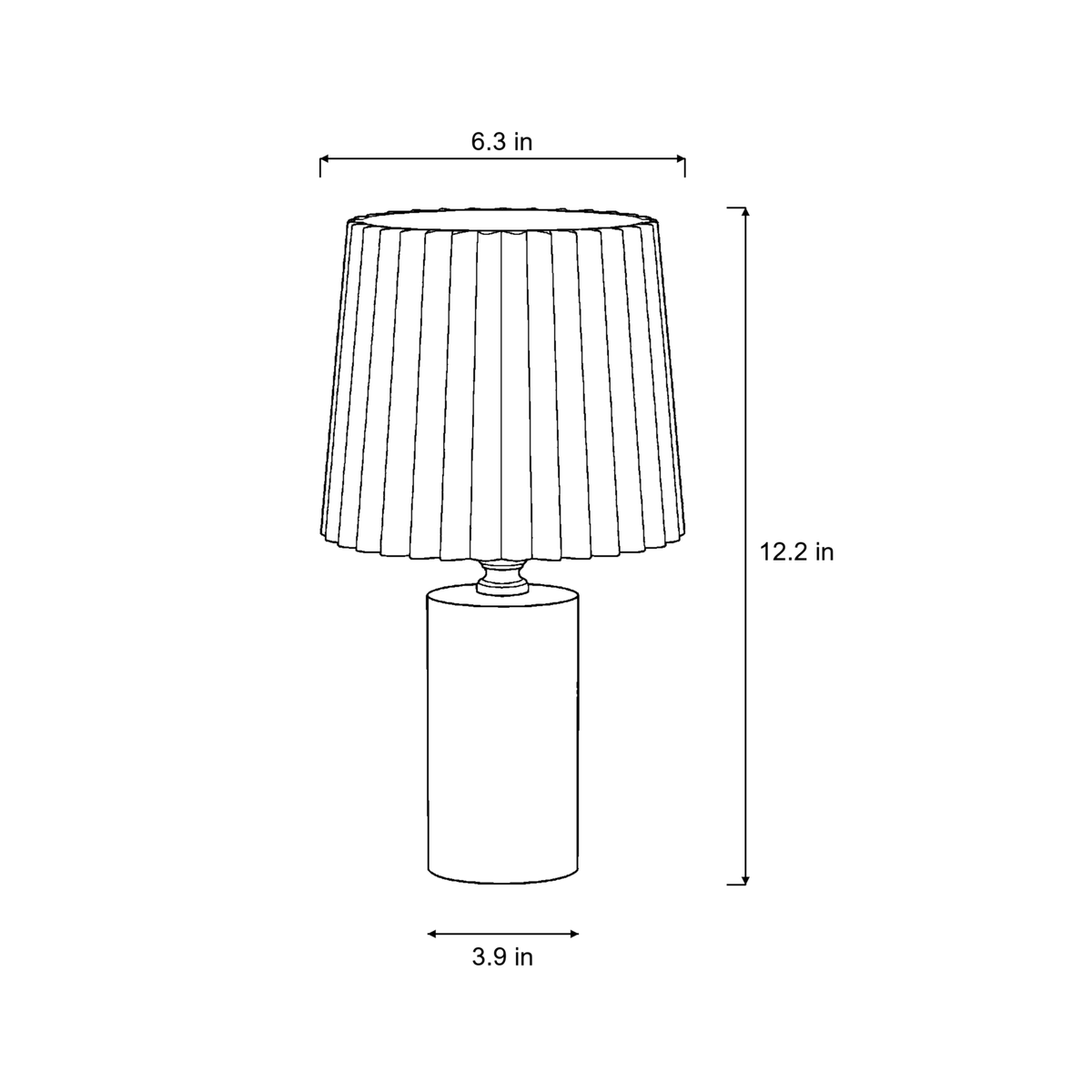 Dimensions sketch of the Linnea Pleated Wood Nightstand Lamp with measurements