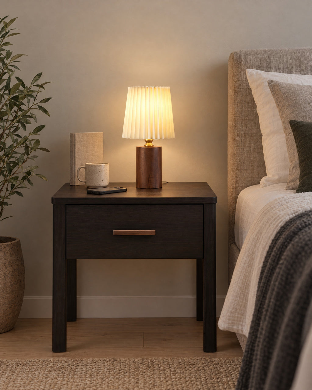 Walnut: Linnea Pleated Wood Nightstand Lamp in walnut on a standard nightstand, showing its true size