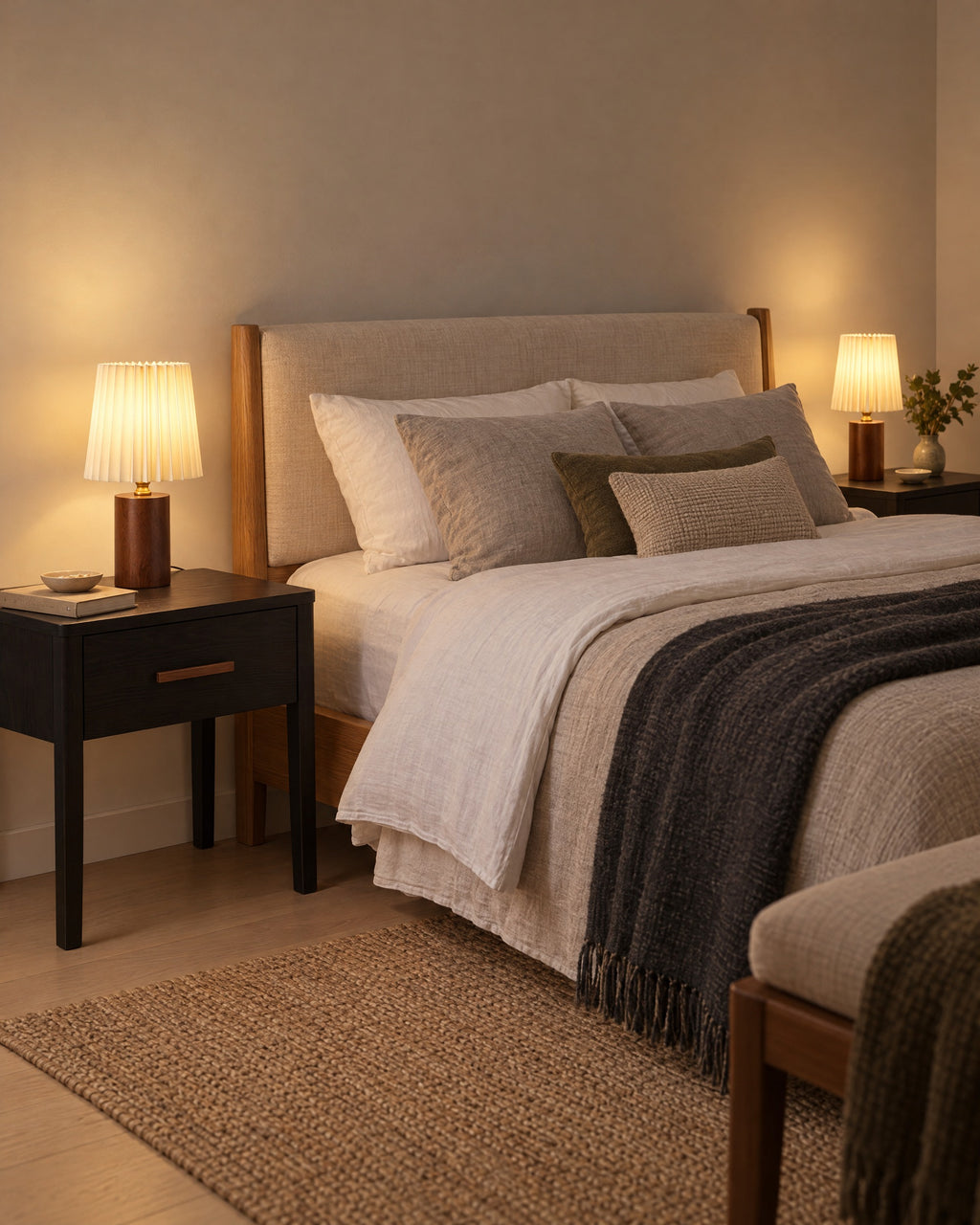Walnut: Two Linnea Pleated Wood Nightstand Lamp lamps in walnut flanking a bed