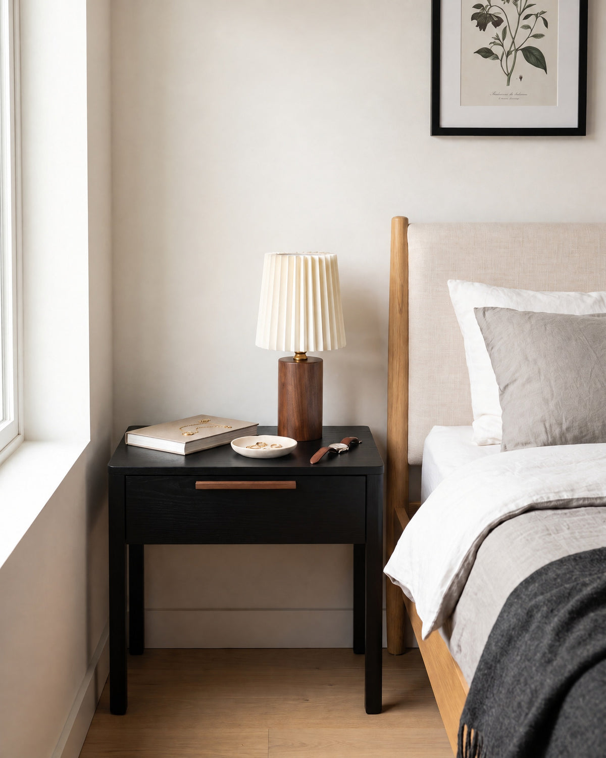 Walnut: Linnea walnut nightstand lamp by a window in a bright bedroom