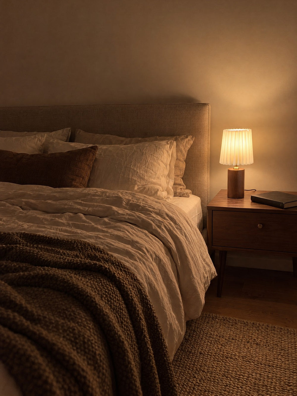 Linnea Pleated Wood Nightstand Lamp lit on a nightstand at night