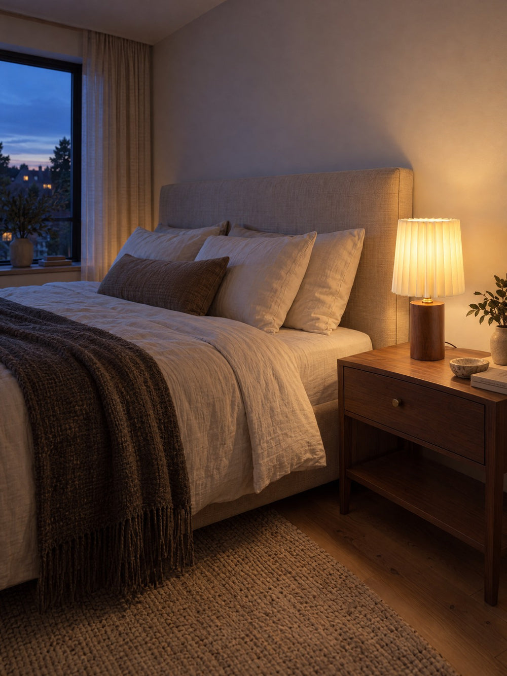 Linnea Pleated Wood Nightstand Lamp lit at dusk with blue evening light outside