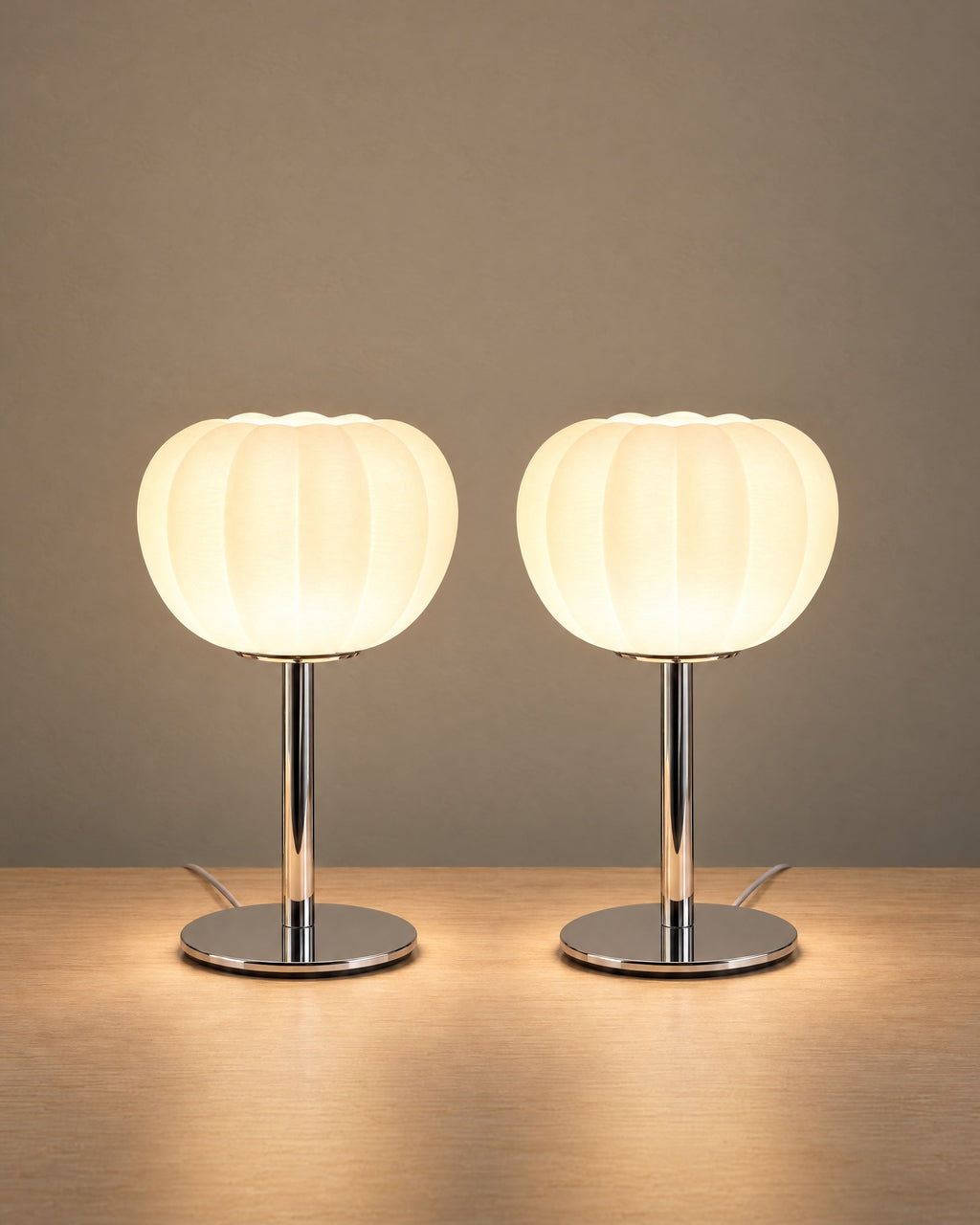 Luna Ribbed Opal Glass Nightstand Lamp, Set of 2, both lamps switched on