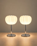 Luna Ribbed Opal Glass Nightstand Lamp, Set of 2, both lamps switched on