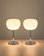 Luna Ribbed Opal Glass Nightstand Lamp, Set of 2, both lamps switched on