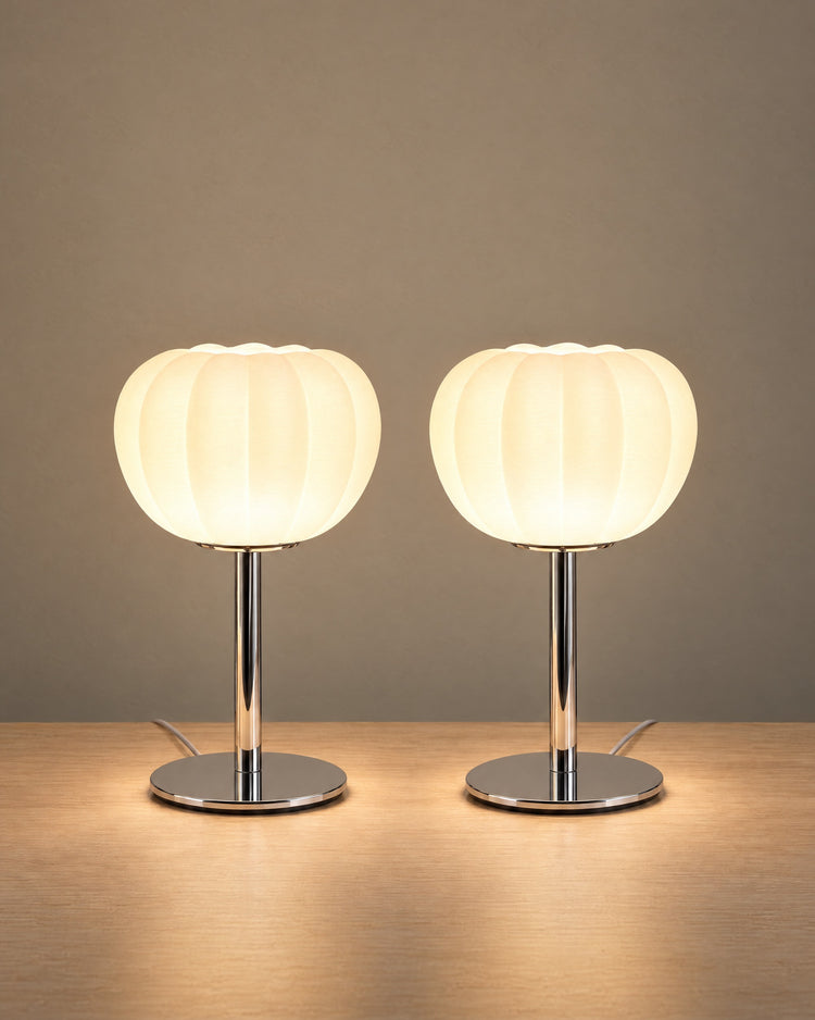 Luna Ribbed Opal Glass Nightstand Lamp, Set of 2, both lamps switched on