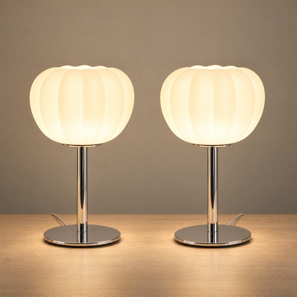 Luna Ribbed Opal Glass Nightstand Lamp, Set of 2, both lamps switched on