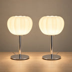Luna Ribbed Opal Glass Nightstand Lamp, Set of 2, both lamps switched on