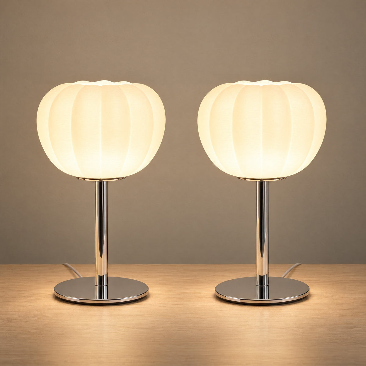 Luna Ribbed Opal Glass Nightstand Lamp, Set of 2, both lamps switched on