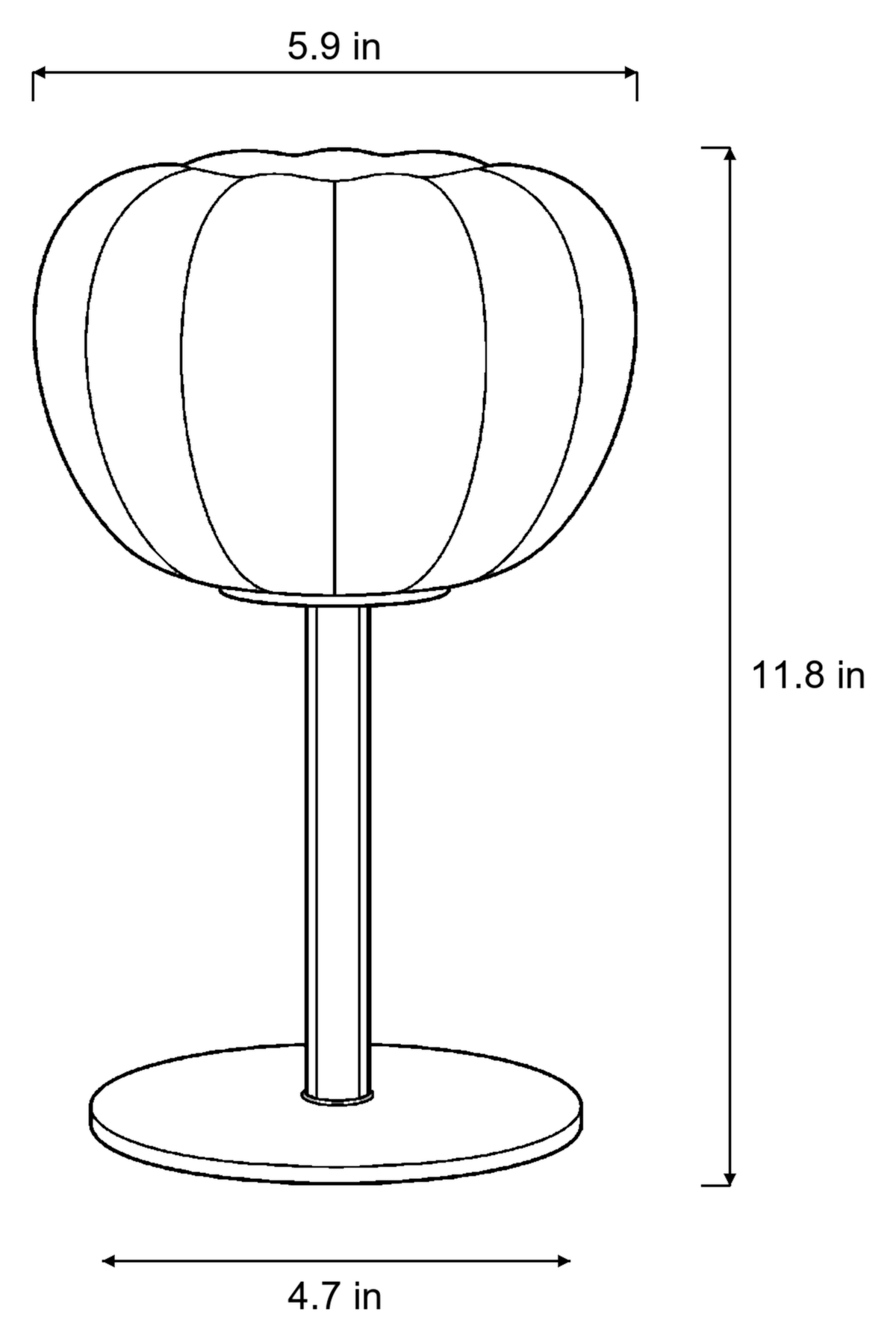 Dimensions sketch of the Luna Ribbed Opal Glass Nightstand Lamp with measurements