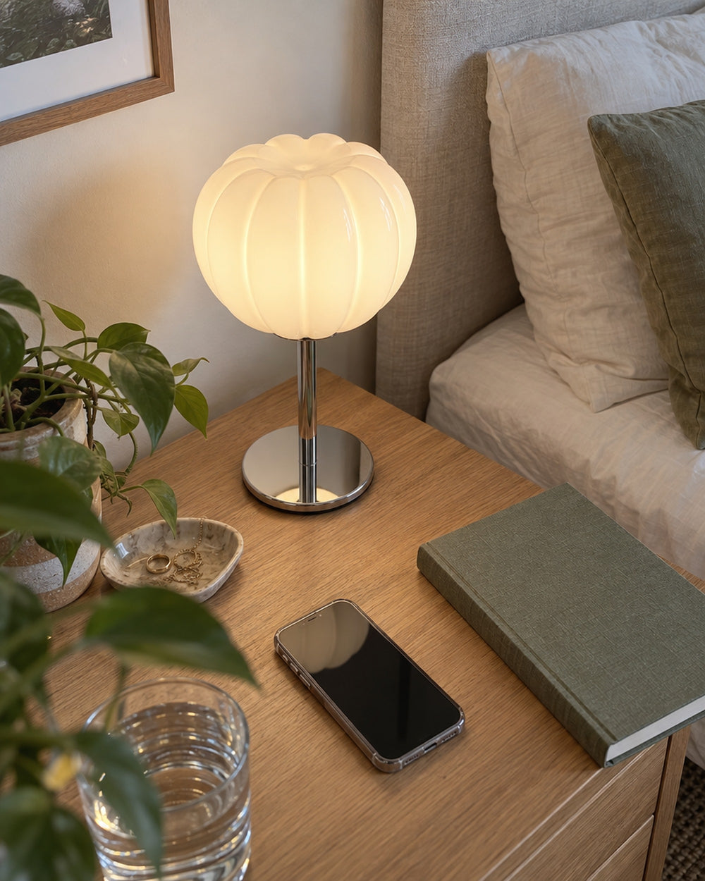 Luna Ribbed Opal Glass Nightstand Lamp in a real home
