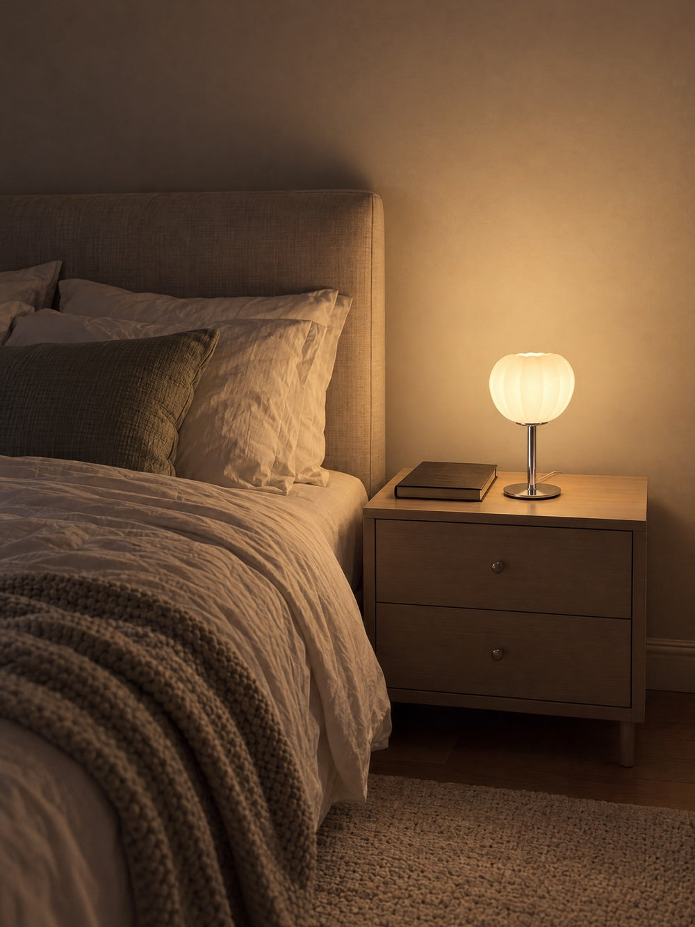 Luna Ribbed Opal Glass Nightstand Lamp lit on a nightstand at night