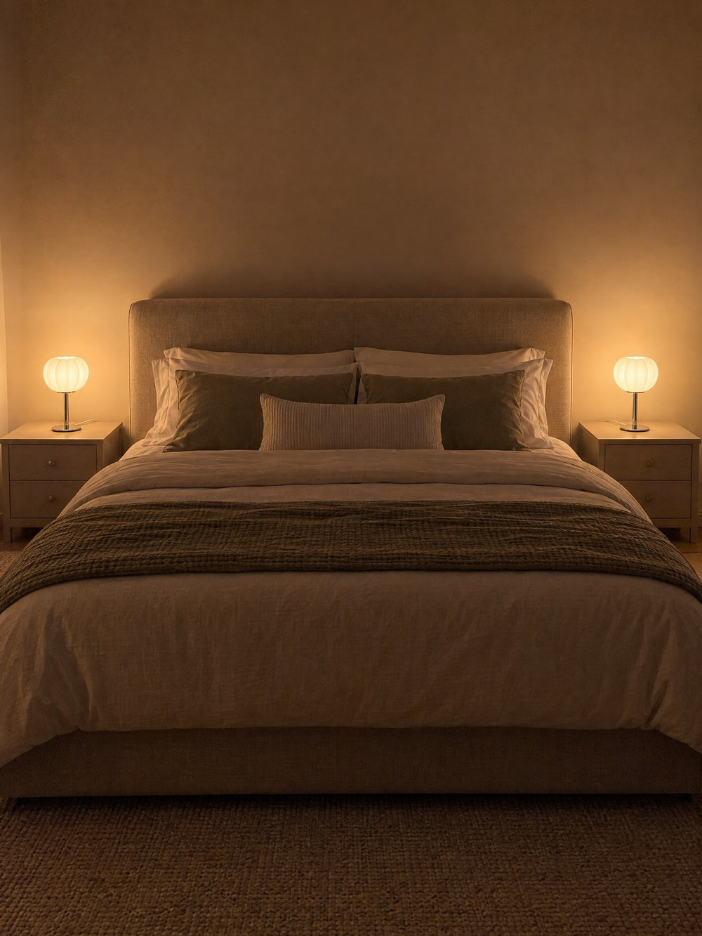 Two Luna Ribbed Opal Glass Nightstand Lamp lamps on either side of a bed at night