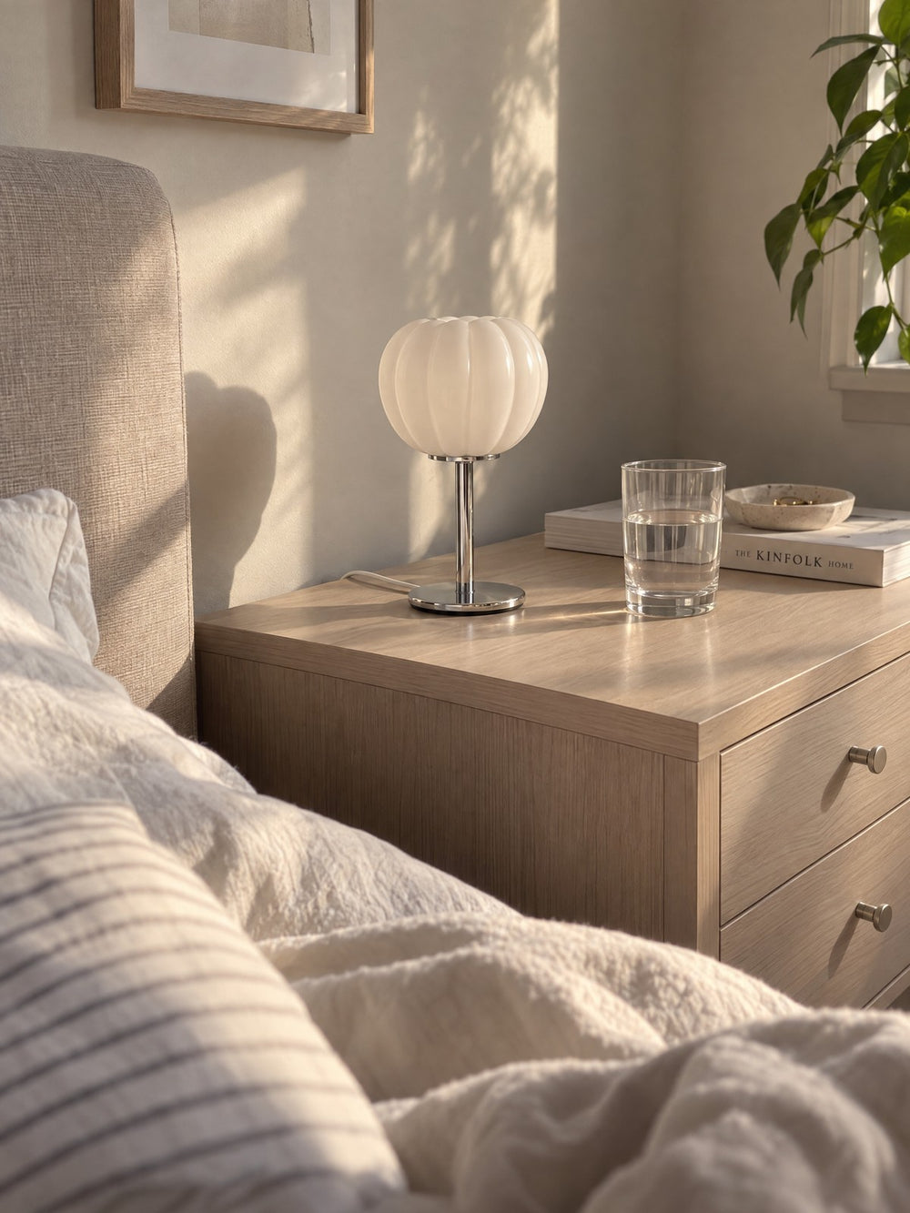 Luna Ribbed Opal Glass Nightstand Lamp seen from bed in the morning