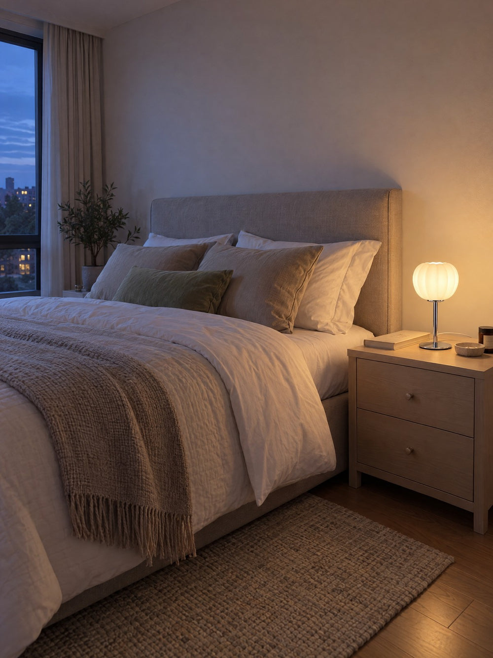 Luna Ribbed Opal Glass Nightstand Lamp lit at dusk with blue evening light outside