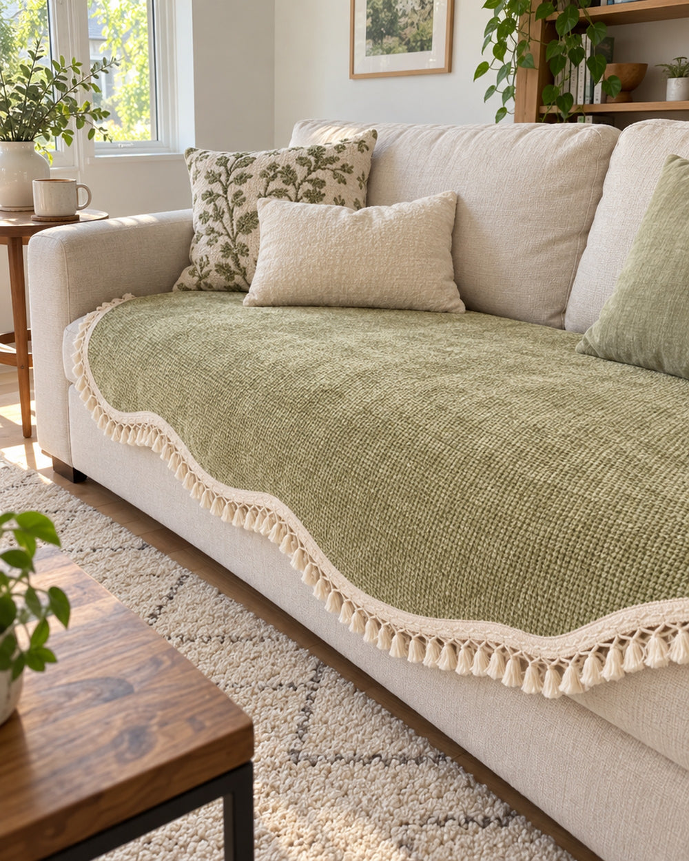 Luxury Chenille Woven Texture Tassel Sofa Cover in a real home