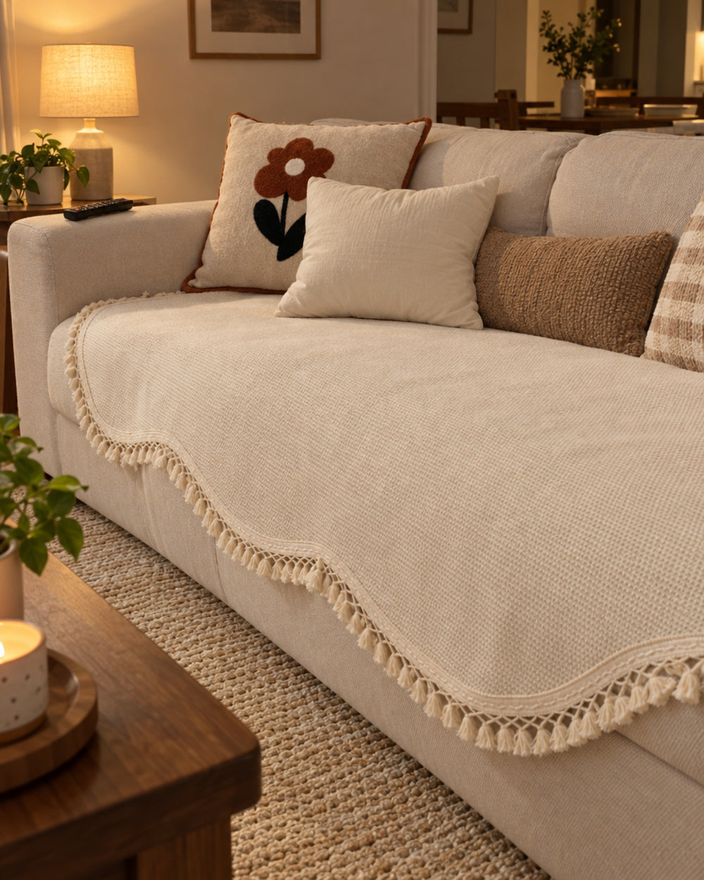 Luxury Chenille Woven Texture Tassel Sofa Cover in a real home