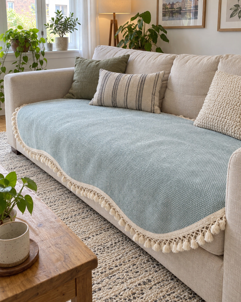 Luxury Chenille Woven Texture Tassel Sofa Cover in a real home