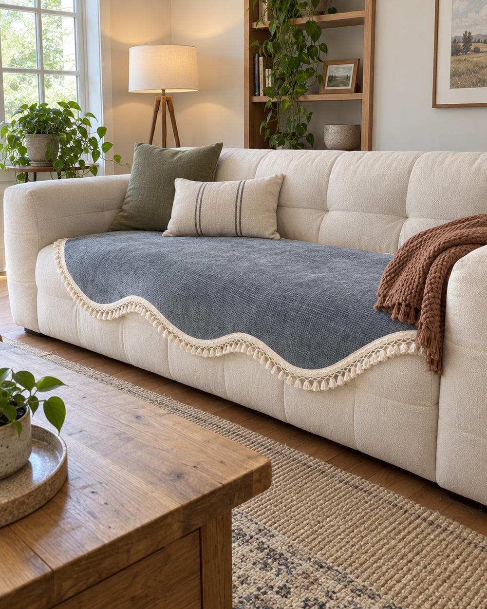 Luxury Chenille Woven Texture Tassel Sofa Cover in a real home
