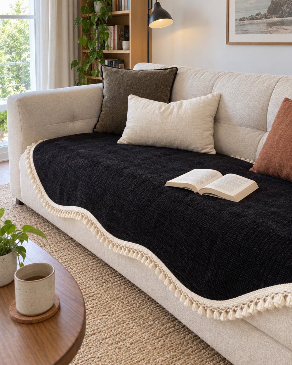 Luxury Chenille Woven Texture Tassel Sofa Cover in a real home