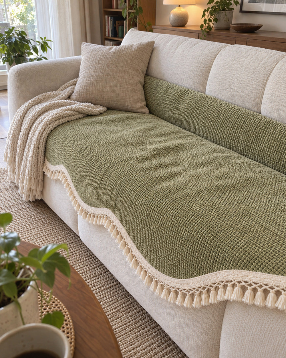 Luxury Chenille Woven Texture Tassel Sofa Cover in a real home