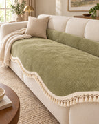 Olive Charm: Luxury Chenille Woven Texture Tassel Sofa Cover, styled on a sofa