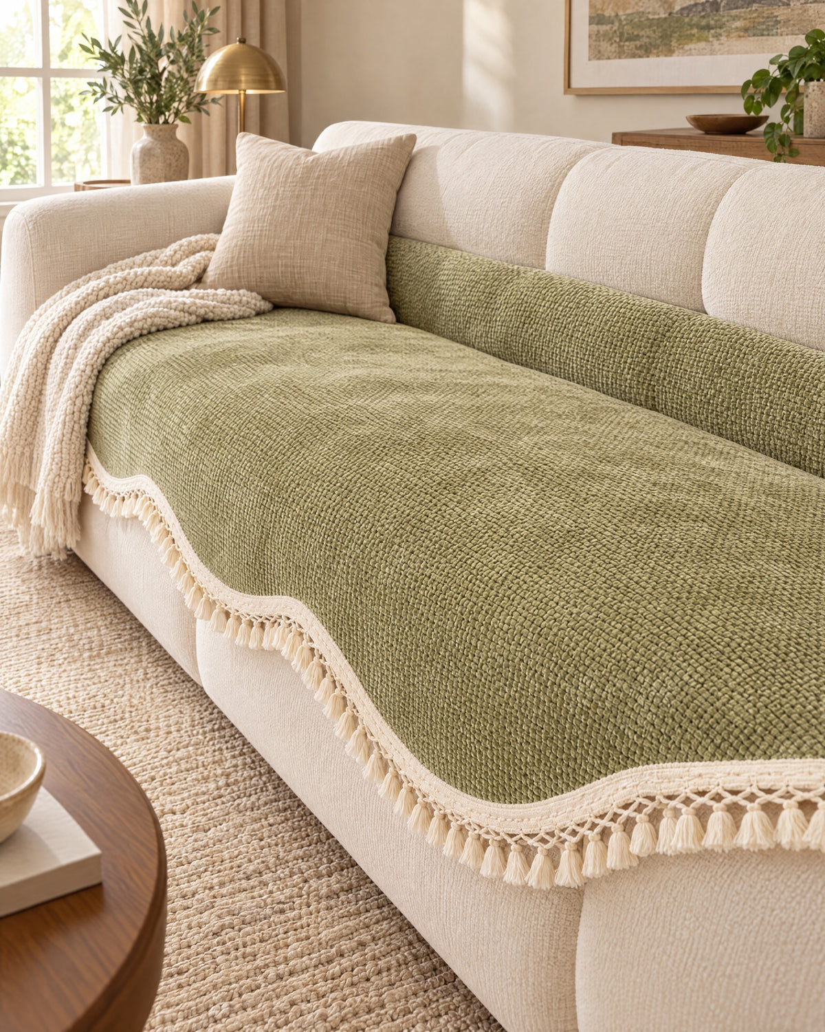 Olive Charm: Luxury Chenille Woven Texture Tassel Sofa Cover, styled on a sofa