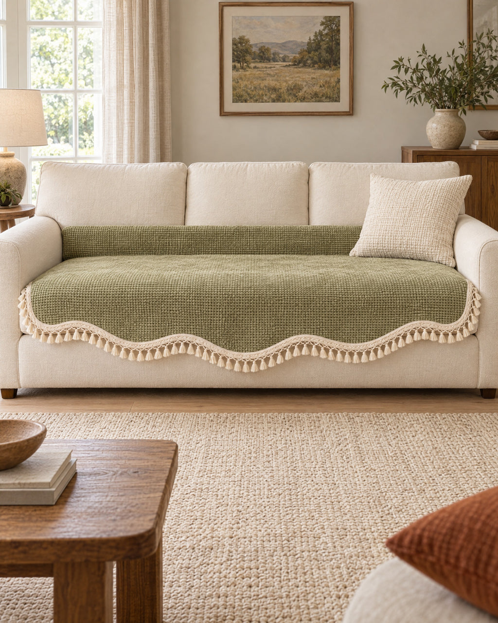 Olive Charm: Luxury Chenille Woven Texture Tassel Sofa Cover shown on a full sofa