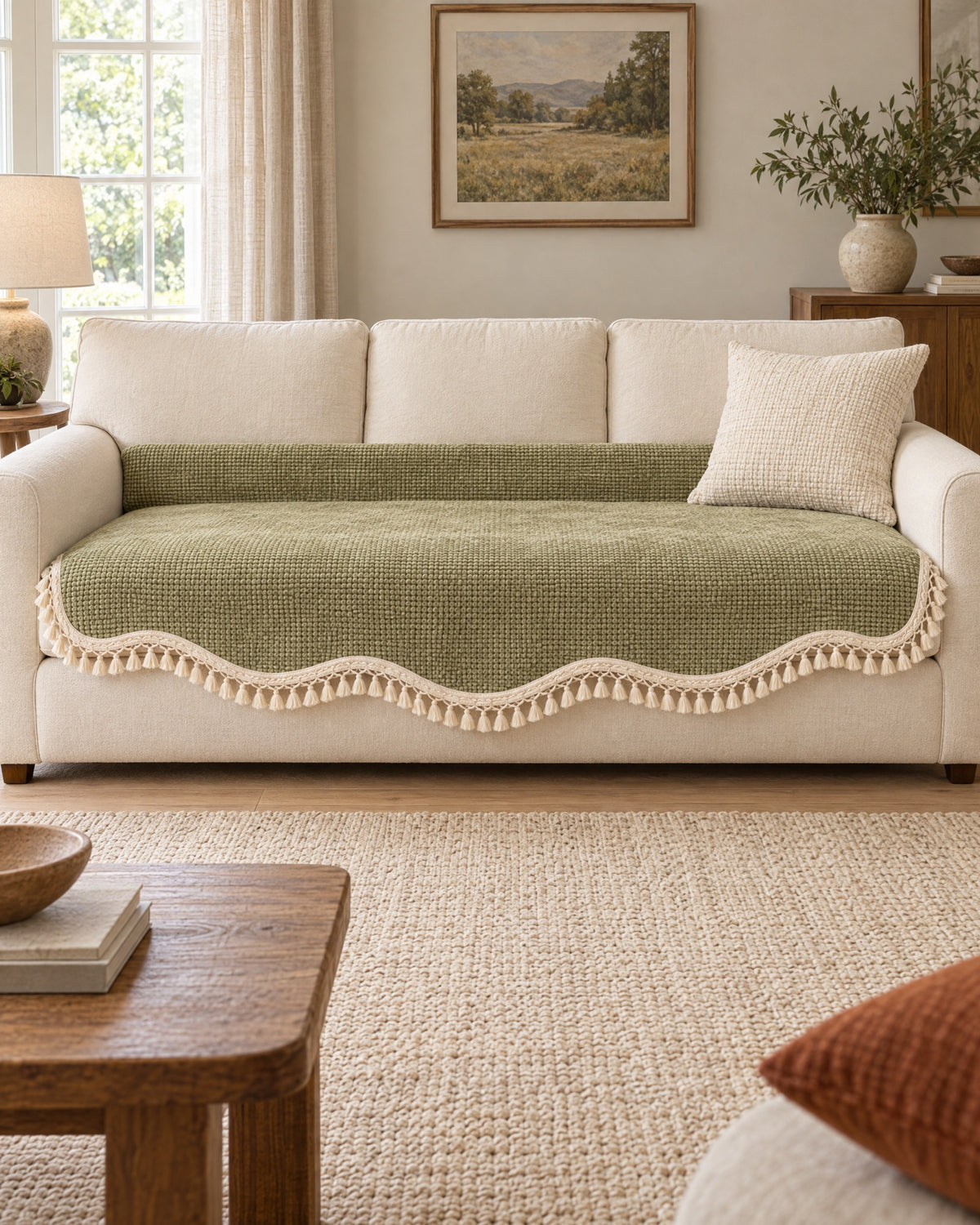 Olive Charm: Luxury Chenille Woven Texture Tassel Sofa Cover shown on a full sofa