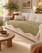 Olive Charm: Luxury Chenille Woven Texture Tassel Sofa Cover in a warm living room