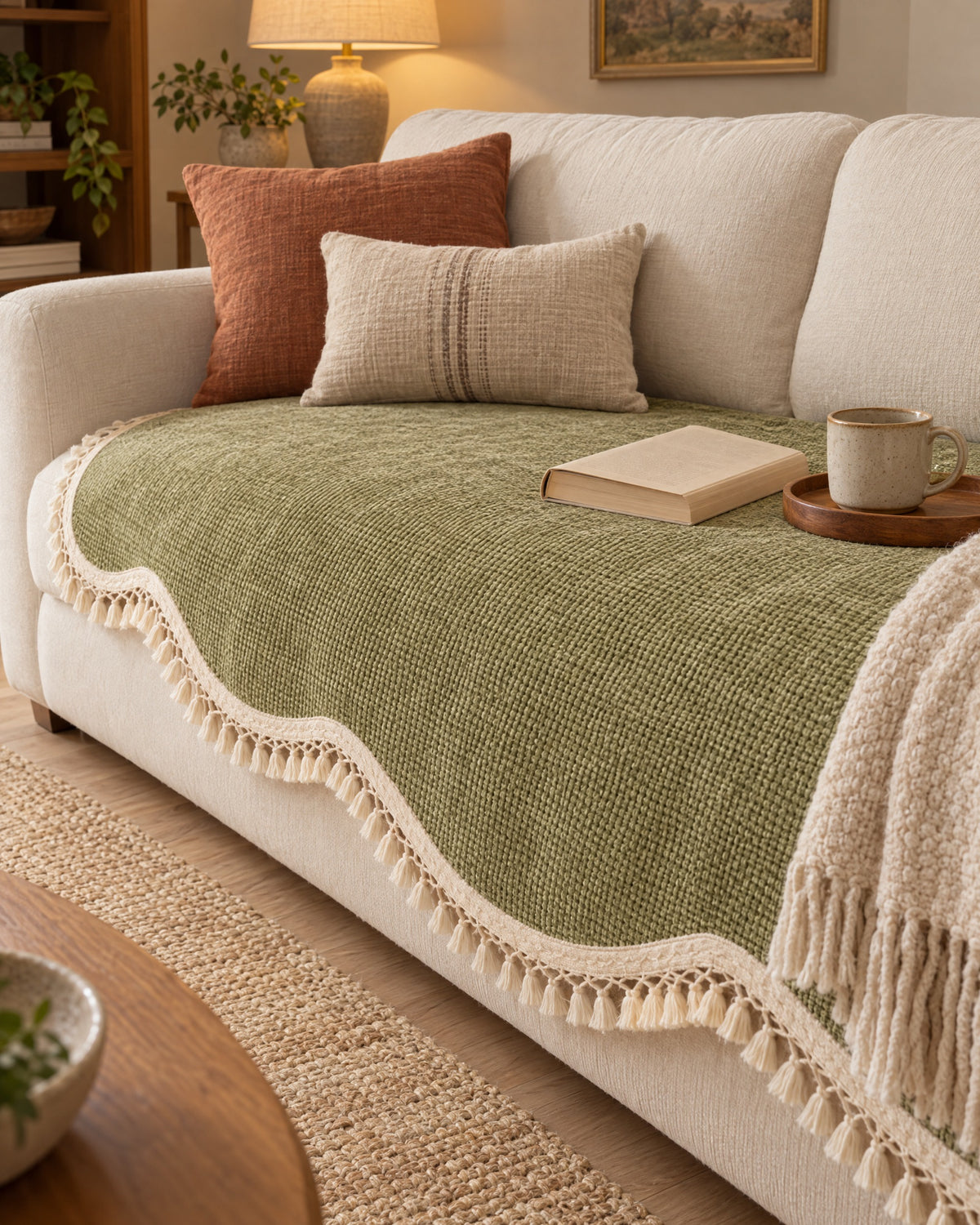 Olive Charm: Luxury Chenille Woven Texture Tassel Sofa Cover on a cozy lived-in sofa