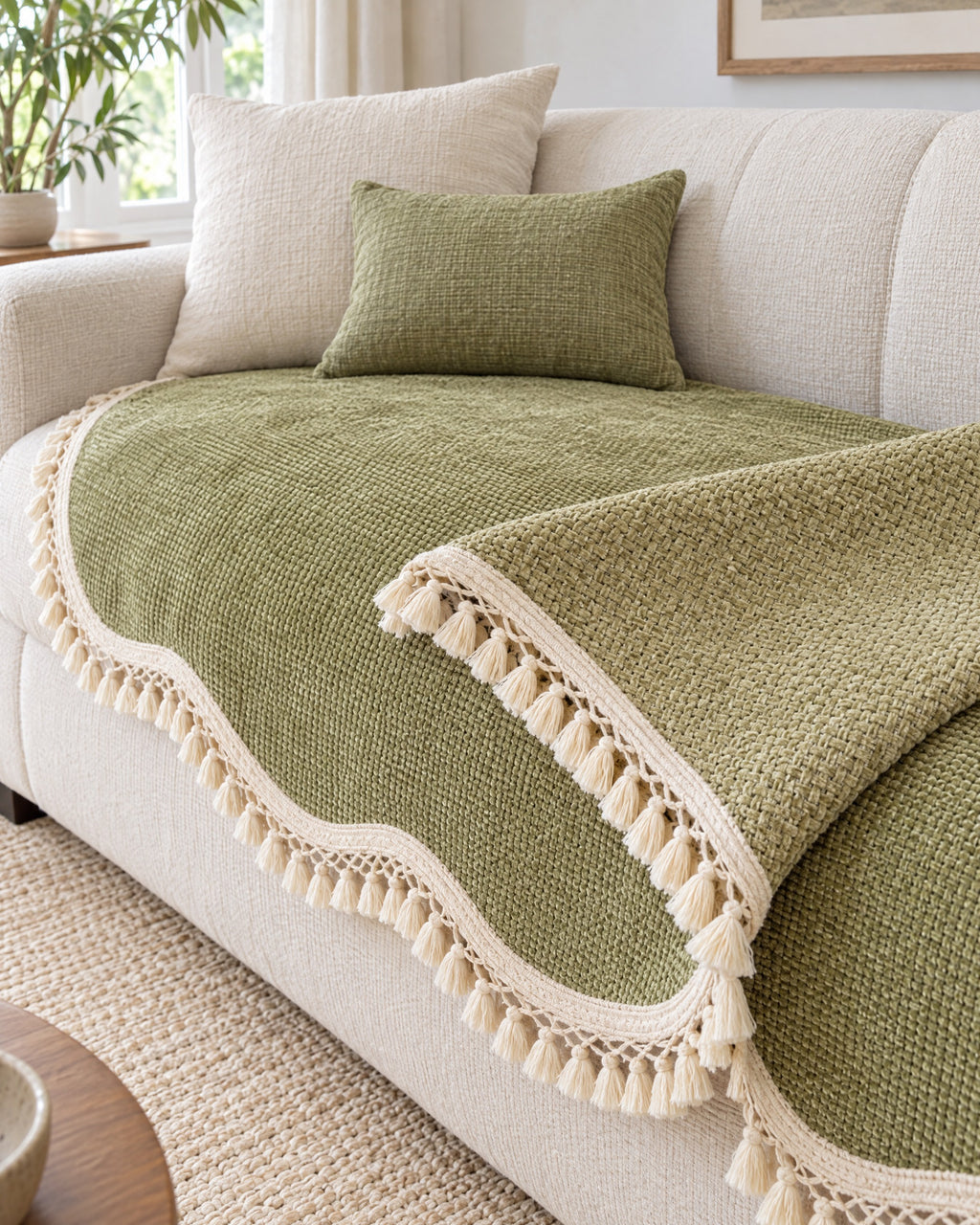 Olive Charm: The reverse side of the Luxury Chenille Woven Texture Tassel Sofa Cover