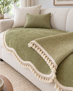 Olive Charm: The reverse side of the Luxury Chenille Woven Texture Tassel Sofa Cover
