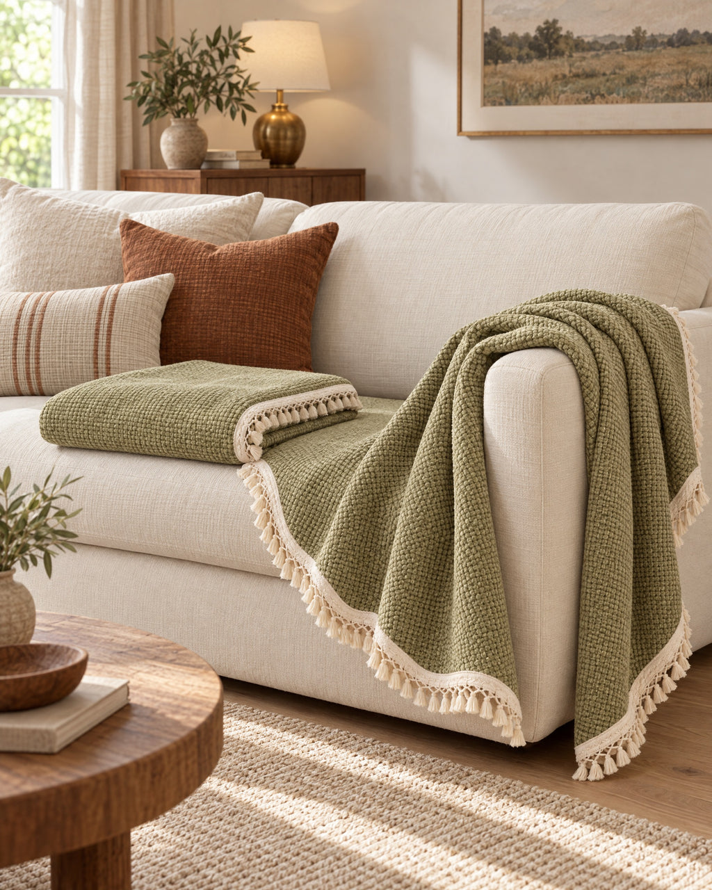 Olive Charm: The drape and fall of the Luxury Chenille Woven Texture Tassel Sofa Cover