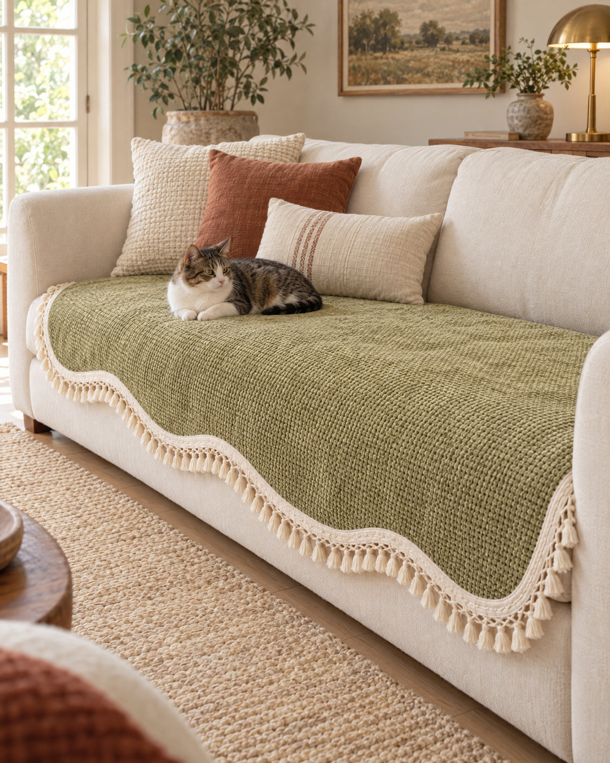Olive Charm: A cat resting on the Luxury Chenille Woven Texture Tassel Sofa Cover