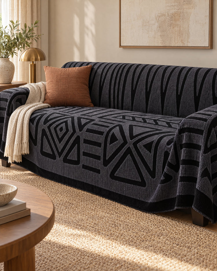 Charcoal Black: Luxury Urban Maze Sofa Cover, styled on a sofa