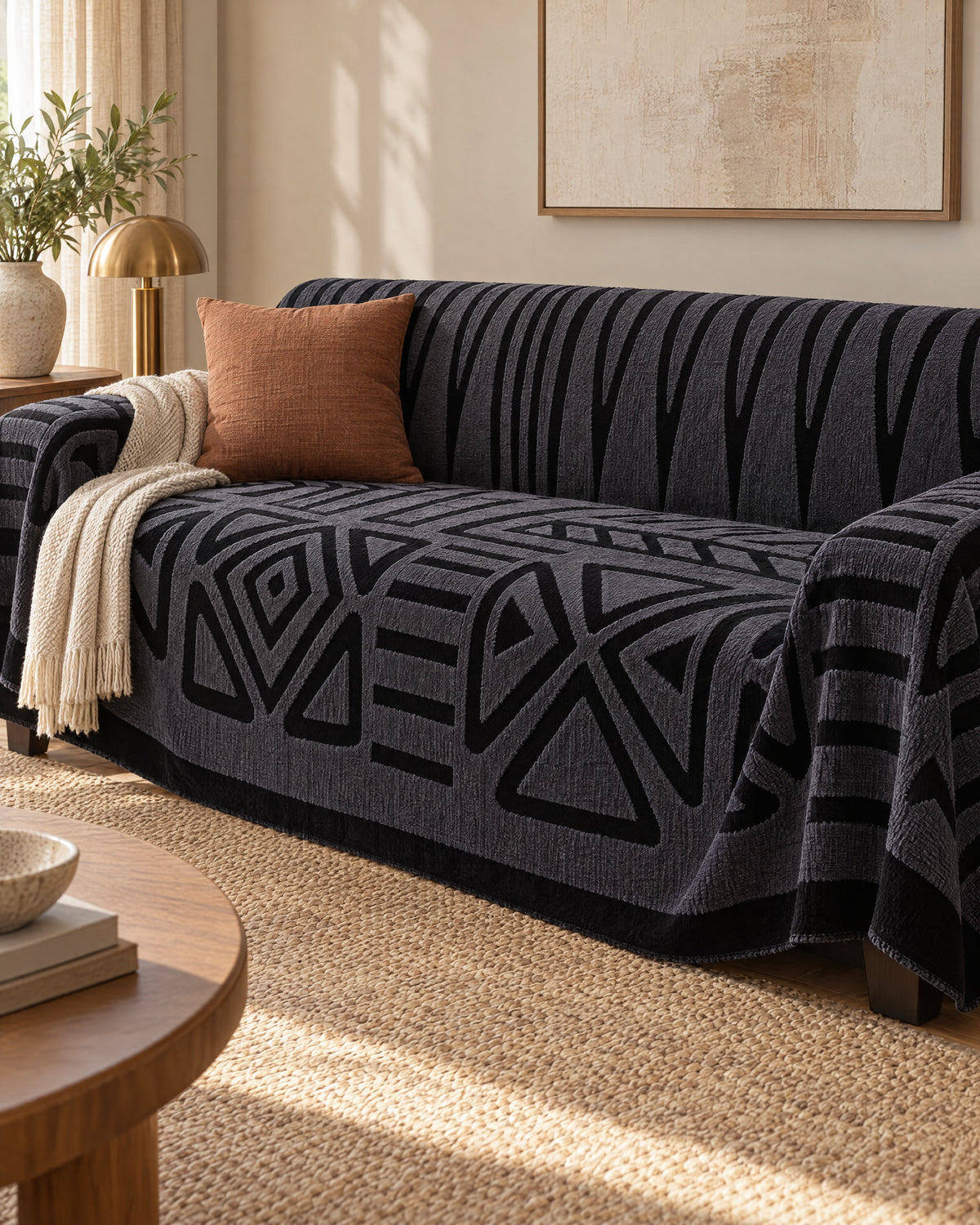 Charcoal Black: Luxury Urban Maze Sofa Cover, styled on a sofa