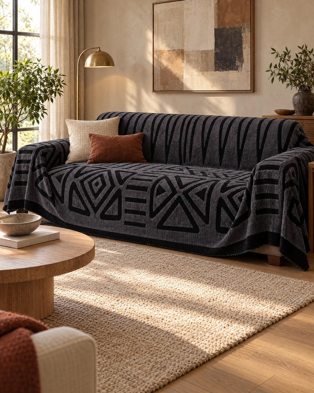 Charcoal Black: Luxury Urban Maze Sofa Cover in a warm living room