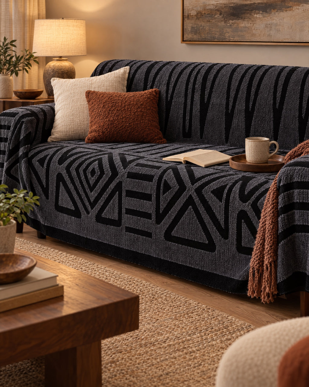 Charcoal Black: Luxury Urban Maze Sofa Cover on a cozy lived-in sofa