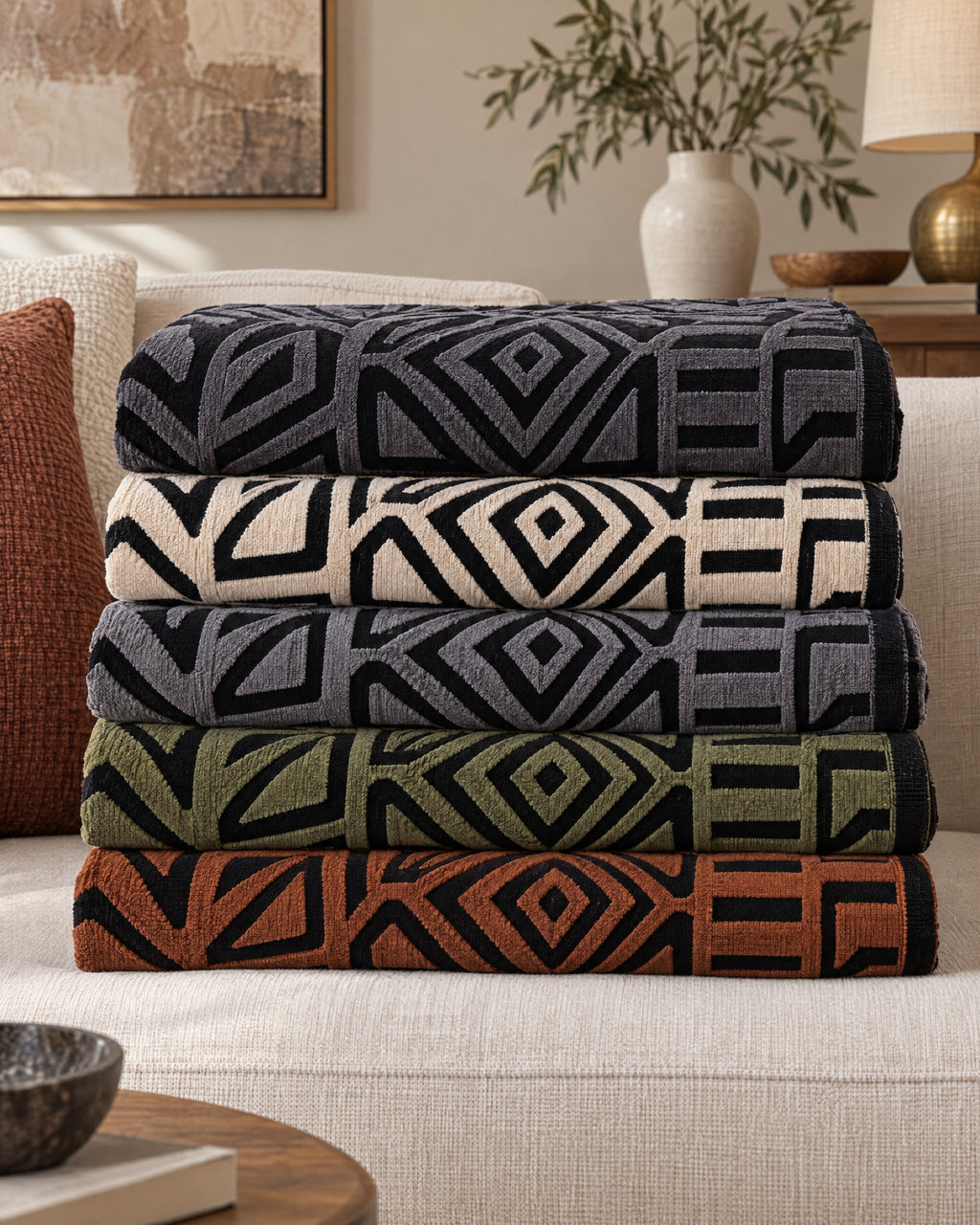 Charcoal Black: All variants of the Luxury Urban Maze Sofa Cover folded in one stack