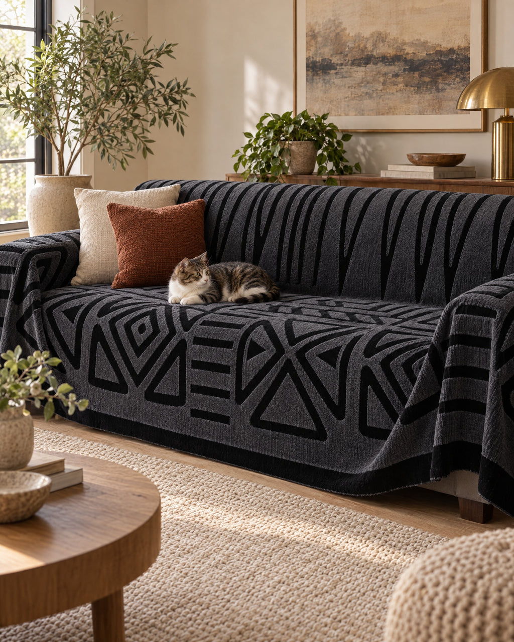 Charcoal Black: A cat resting on the Luxury Urban Maze Sofa Cover