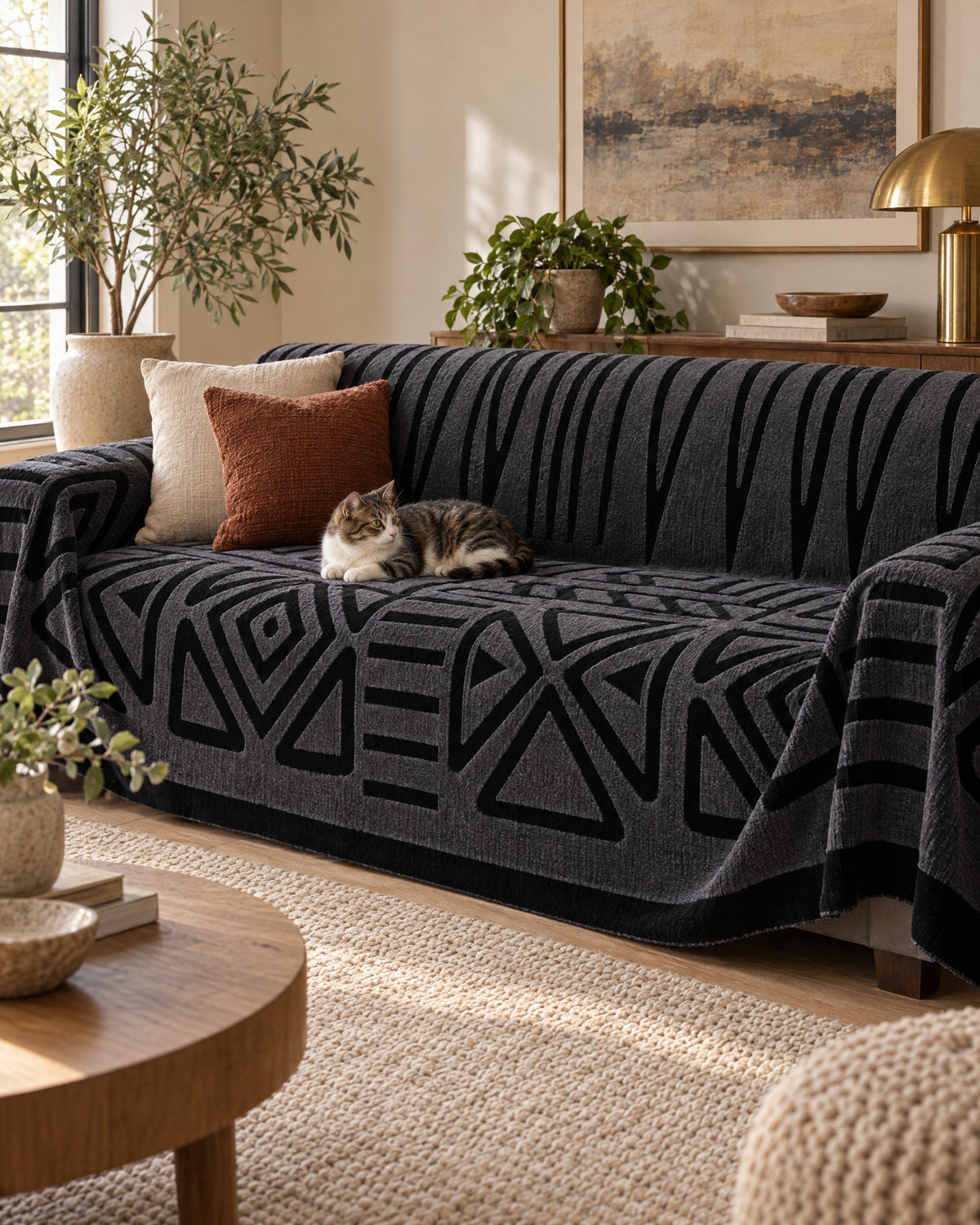 Charcoal Black: A cat resting on the Luxury Urban Maze Sofa Cover