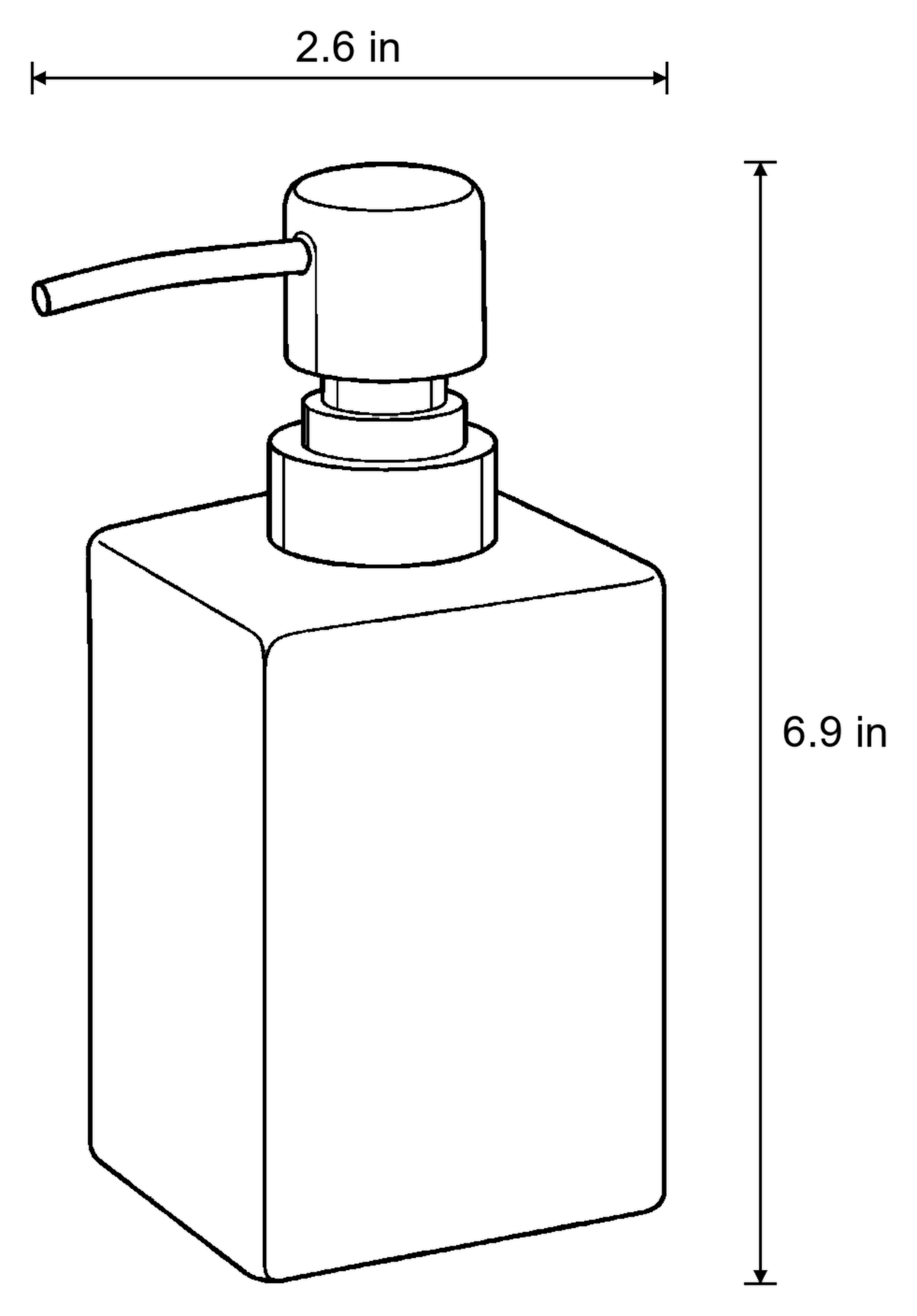 Dimensions sketch of the Marble-Effect Ceramic Soap Dispenser, Square, Gold Pump with measurements